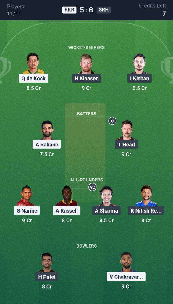 Grand League Team for KKR vs SRH Dream11 Prediction