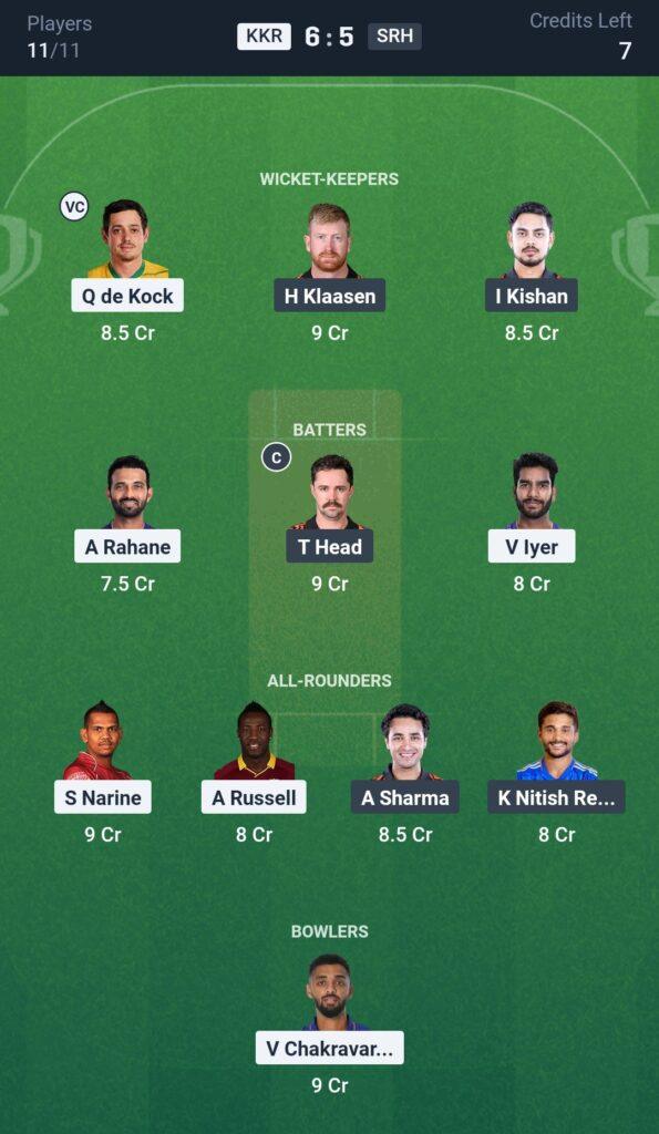 Small League Team for KKR vs SRH Dream11 Prediction